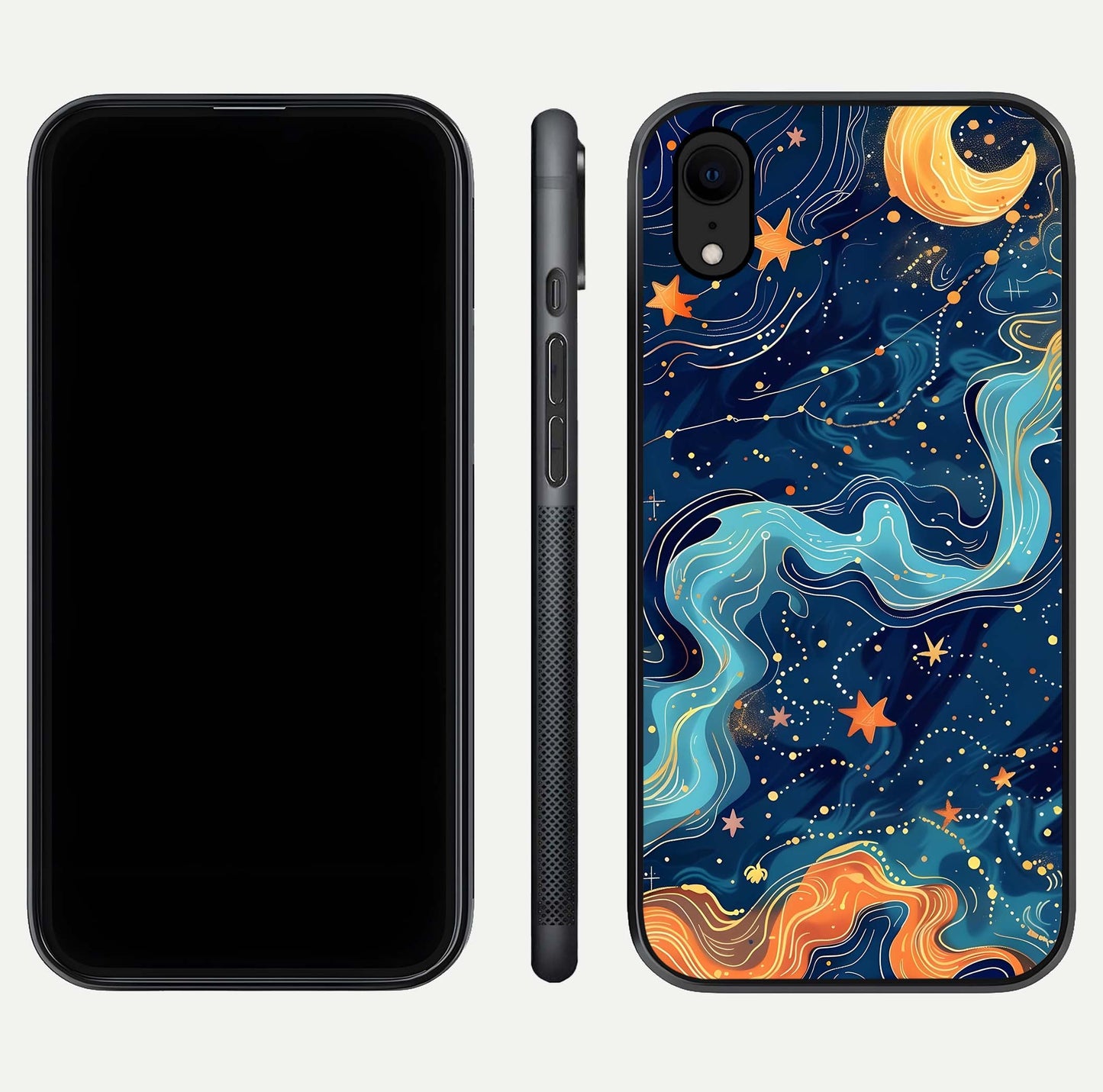 Celestial Dream Flow Glass Case for iPhone Xr dual-view layout showing abstract flow and curved glass