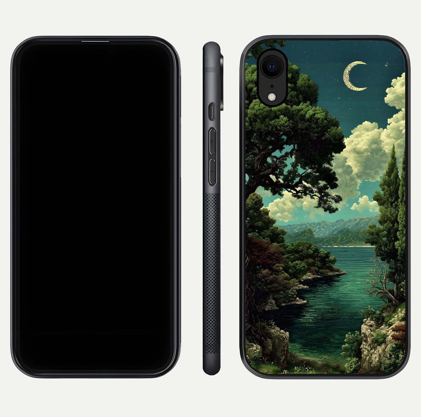 Celestial Lake Peace Glass Case for iPhone Xr dual-view layout showing soft hues and HD shine