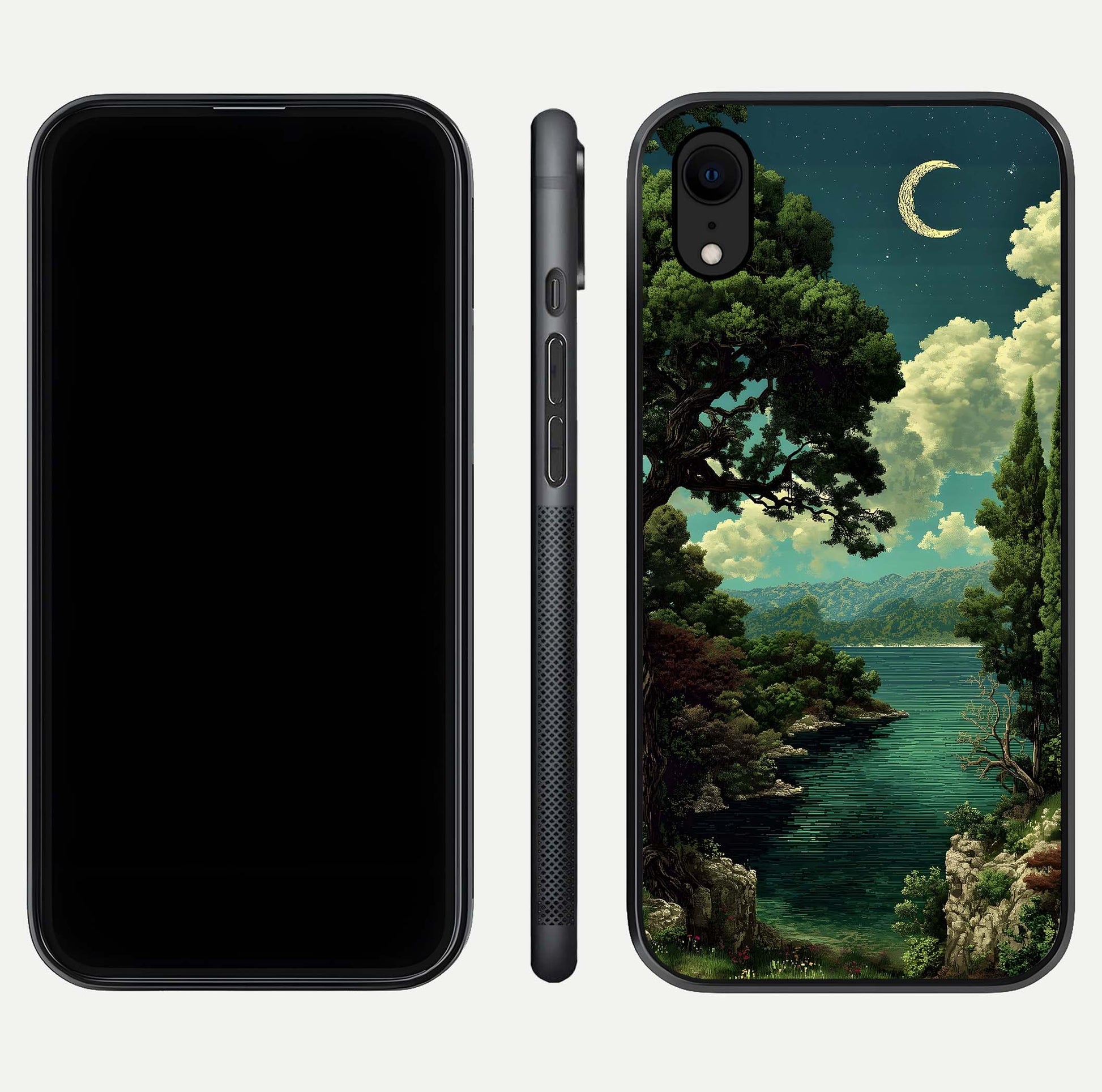 Celestial Lake Peace Glass Case for iPhone Xr dual-view layout showing soft hues and HD shine