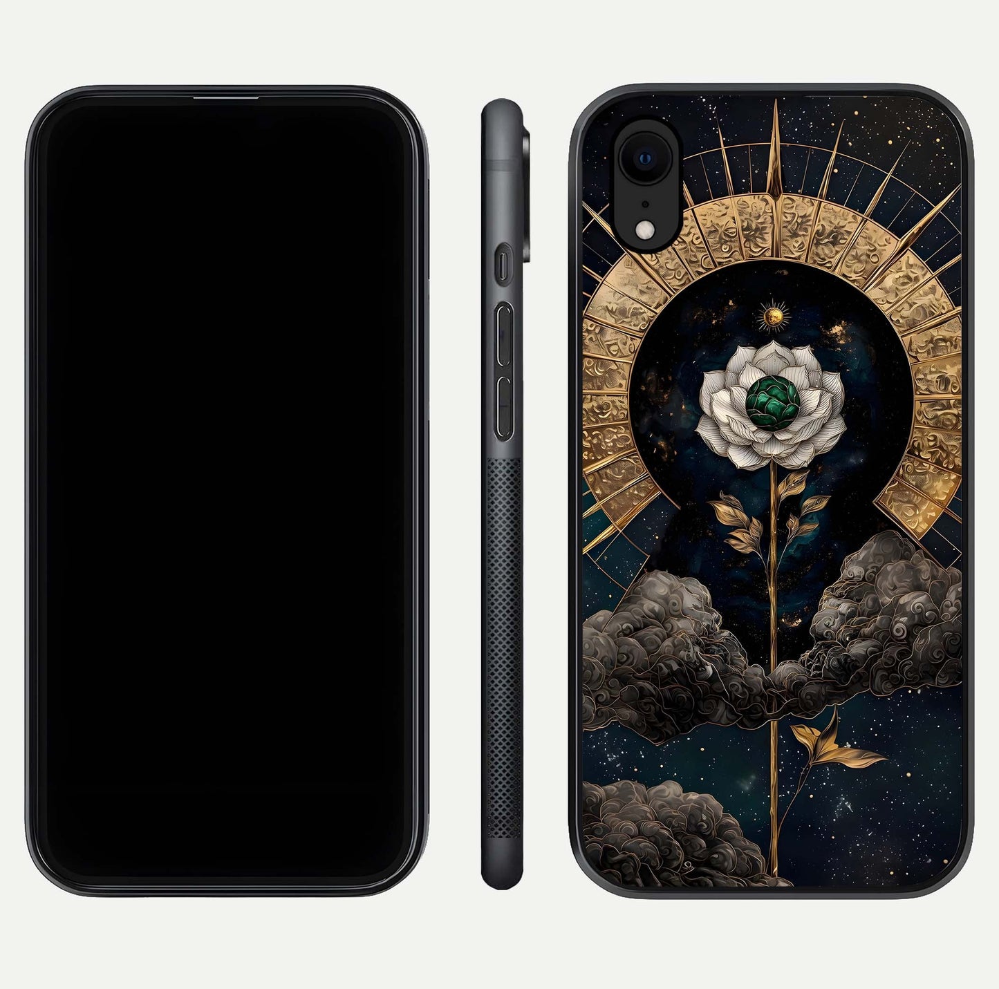 Celestial Lotus Morang Glass Case for iPhone Xr dual-view layout displaying floral symmetry and polished edges