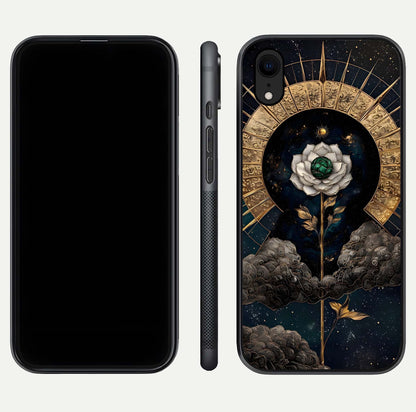 Celestial Lotus Morang Glass Case for iPhone Xr dual-view layout displaying floral symmetry and polished edges
