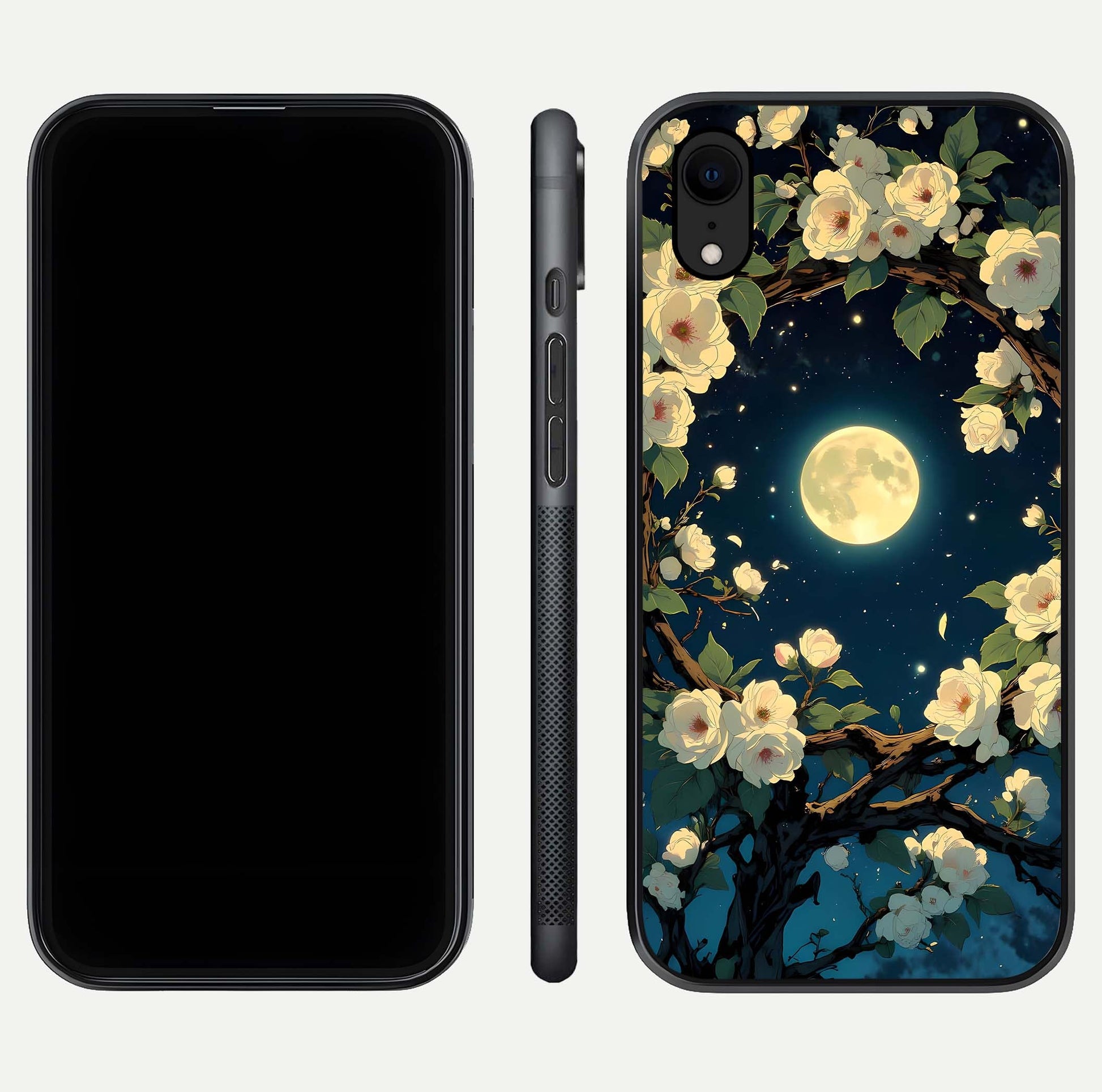 Celestial Moon & Flower Glass Case for iPhone Xr dual-view layout showing balanced lunar art and gloss tone