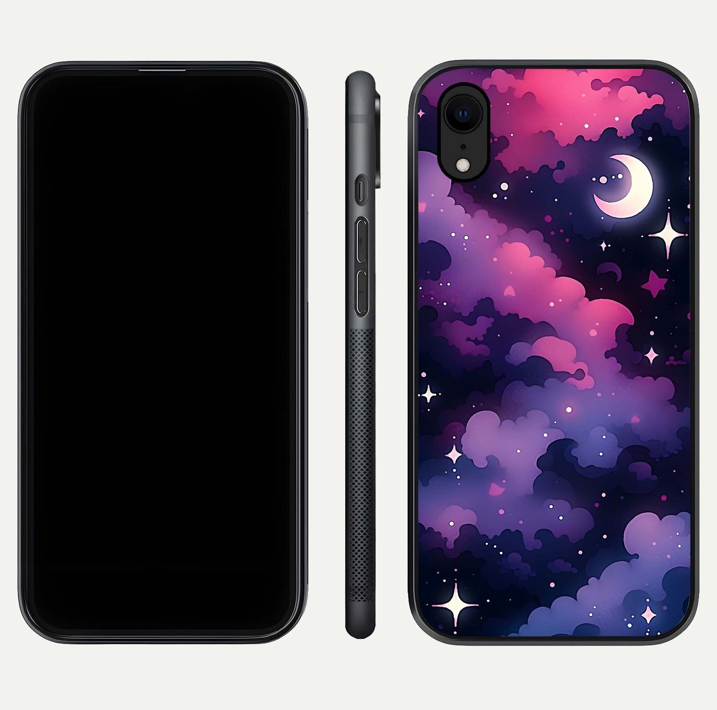 Celestial Moon Magic Glass Case for iPhone Xr dual-view layout displaying lunar design and sleek edges