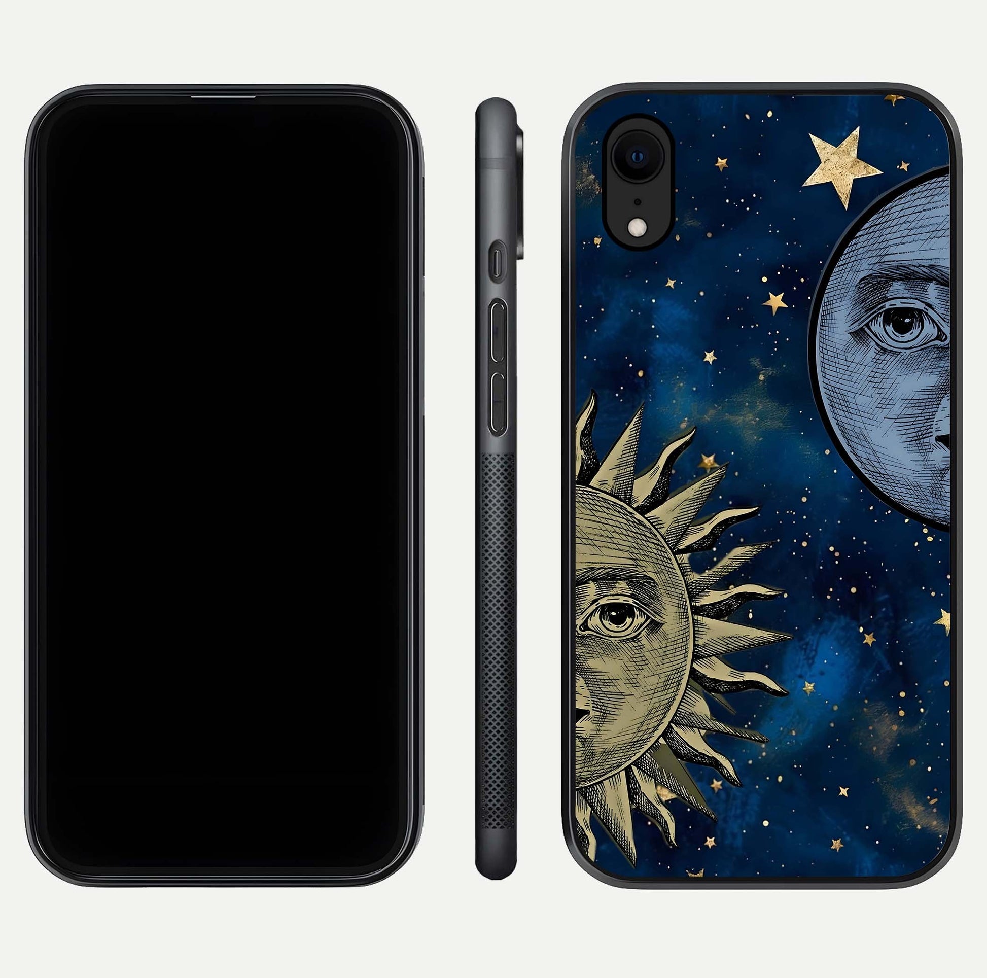 Celestial Moon With Sun Glass Case for iPhone Xr dual-view layout showing luminous pattern and curved edges