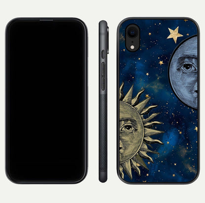 Celestial Moon With Sun Glass Case for iPhone Xr dual-view layout showing luminous pattern and curved edges