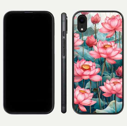 Celestial Pink Lotus Glass Case for iPhone Xr dual-view layout showing floral center and smooth edges