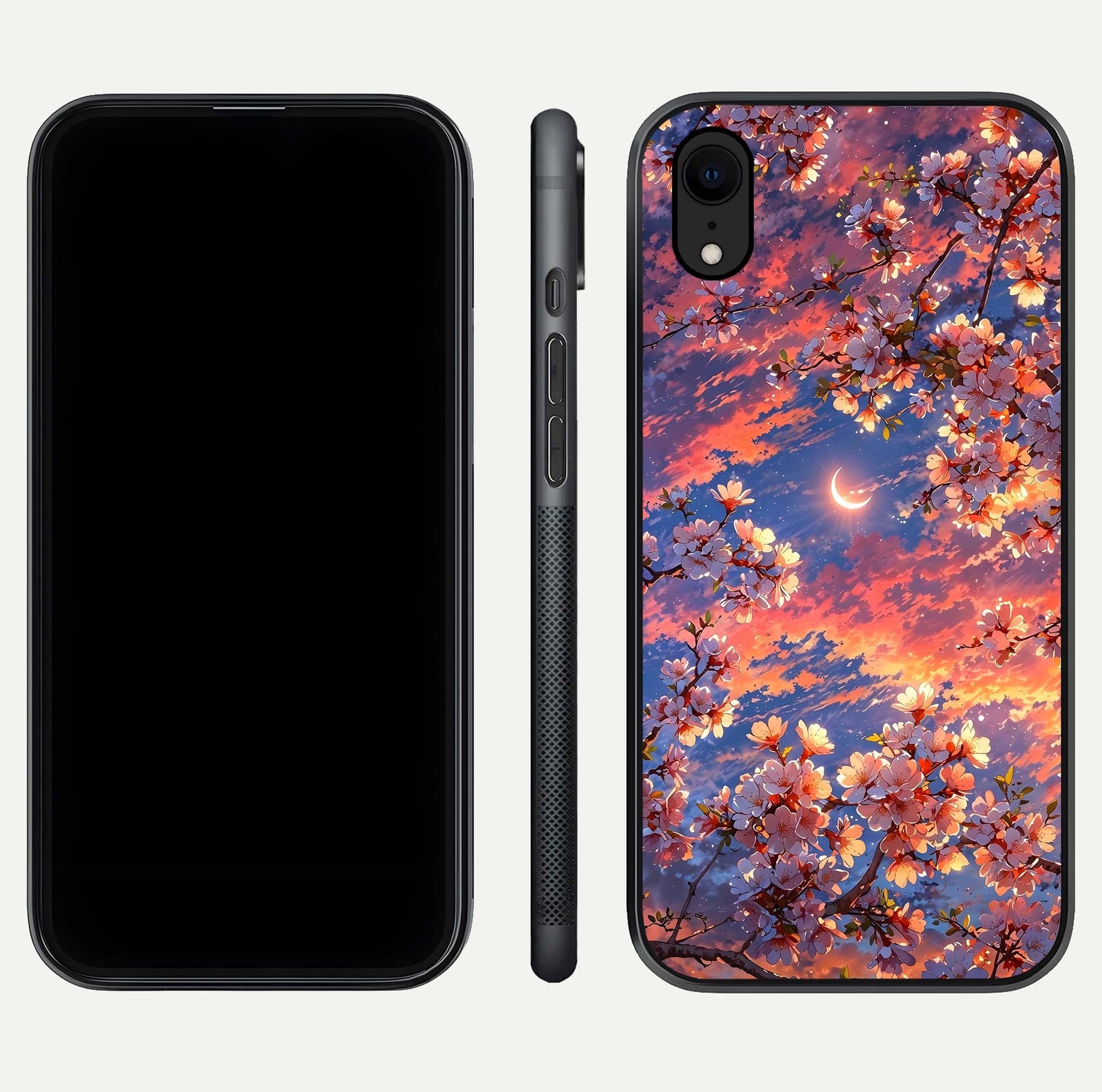 Celestial Sakura Sunset Glass Case for iPhone Xr dual-view layout showing floral gradient and reflection polish