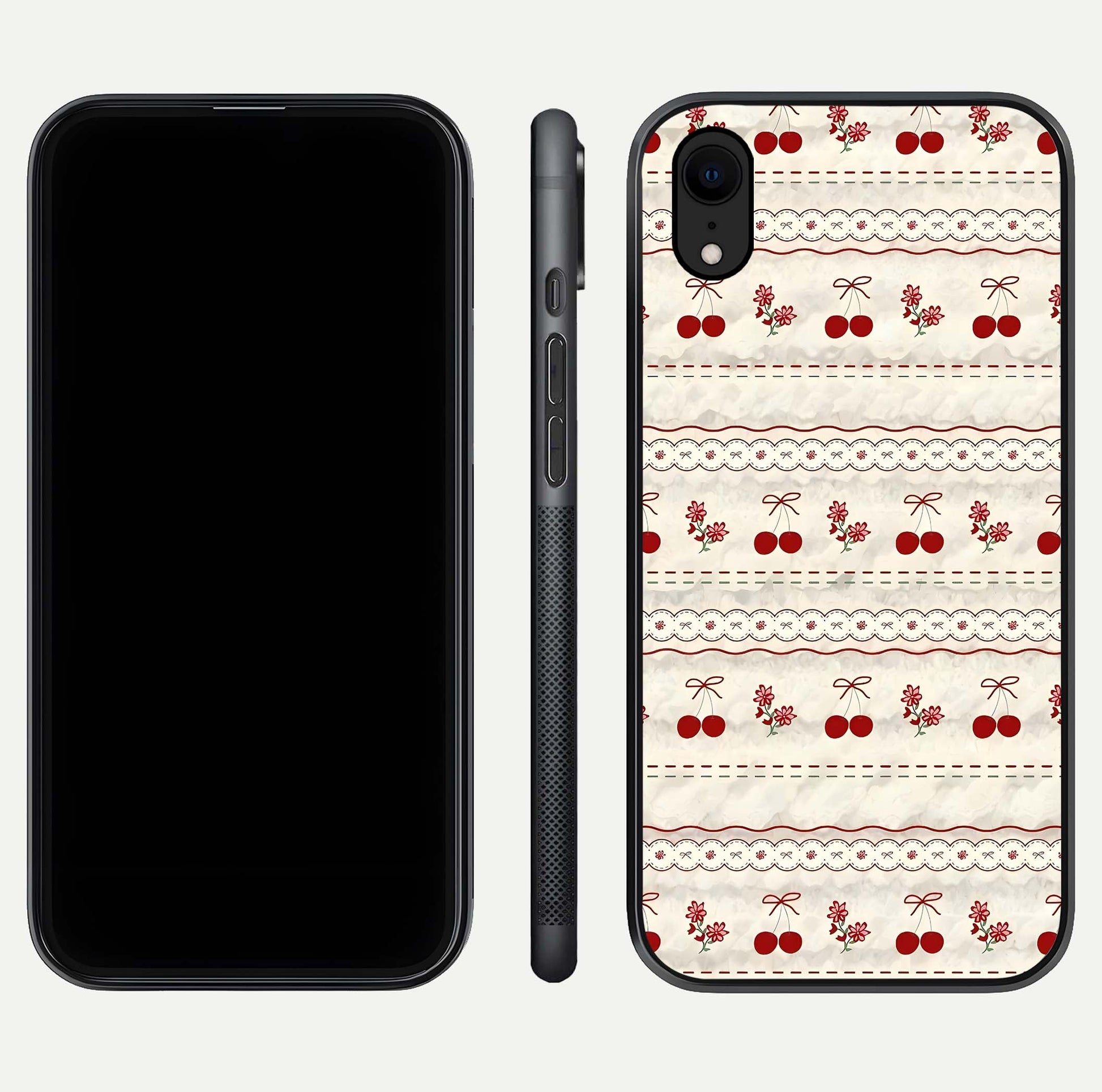 Cherry Bloom Charm Glass Case for iPhone Xr front-and-back layout displaying floral art and smooth finish