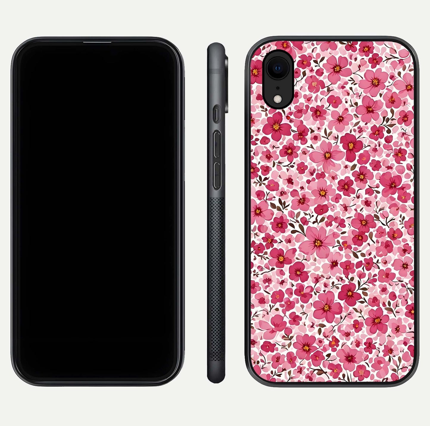 Cherry Blossom Charm Glass Case for iPhone Xr dual-view layout showing elegant floral balance and HD gloss