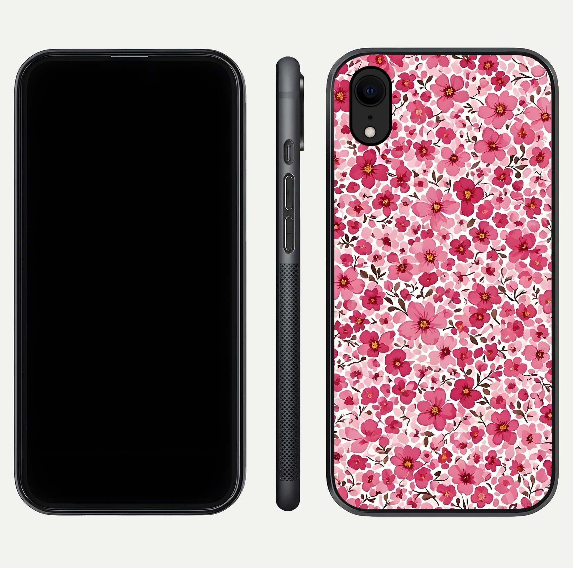 Cherry Blossom Charm Glass Case for iPhone Xr dual-view layout showing elegant floral balance and HD gloss