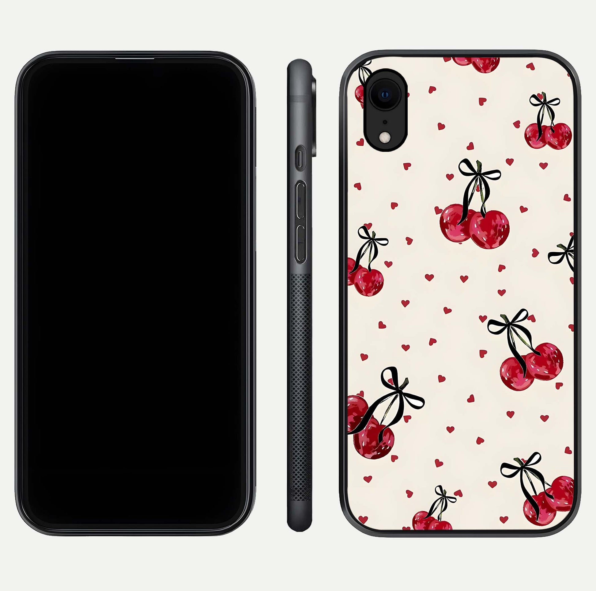 Cherry Heart Bow Glass Case for iPhone Xr front-and-back view showing design clarity and edge protection