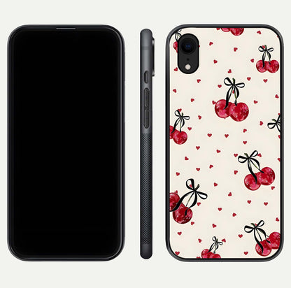 Cherry Heart Bow Glass Case for iPhone Xr front-and-back view showing design clarity and edge protection