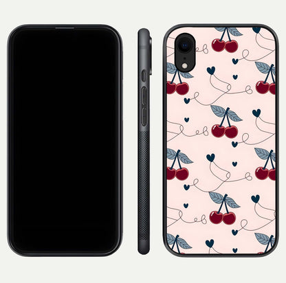 Cherry Heart Line Glass Case for iPhone Xr dual-view layout displaying minimal cherry motif and edge design