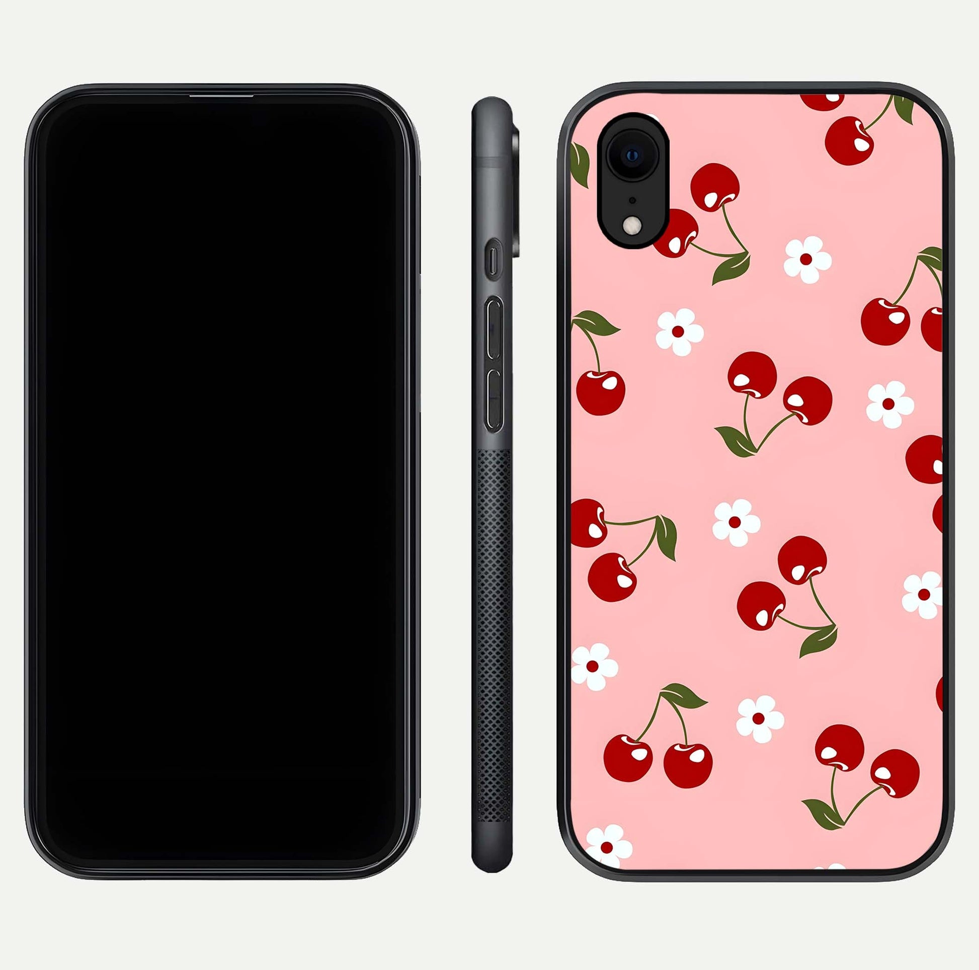 Cherry Love Mood Glass Case for iPhone Xr dual-view layout showing design alignment and curved edges