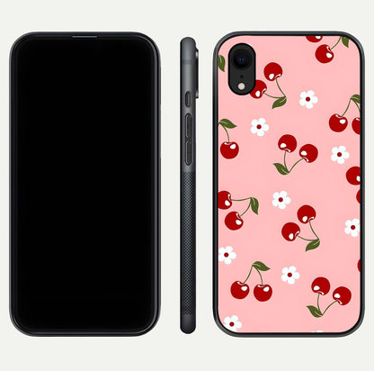 Cherry Love Mood Glass Case for iPhone Xr dual-view layout showing design alignment and curved edges