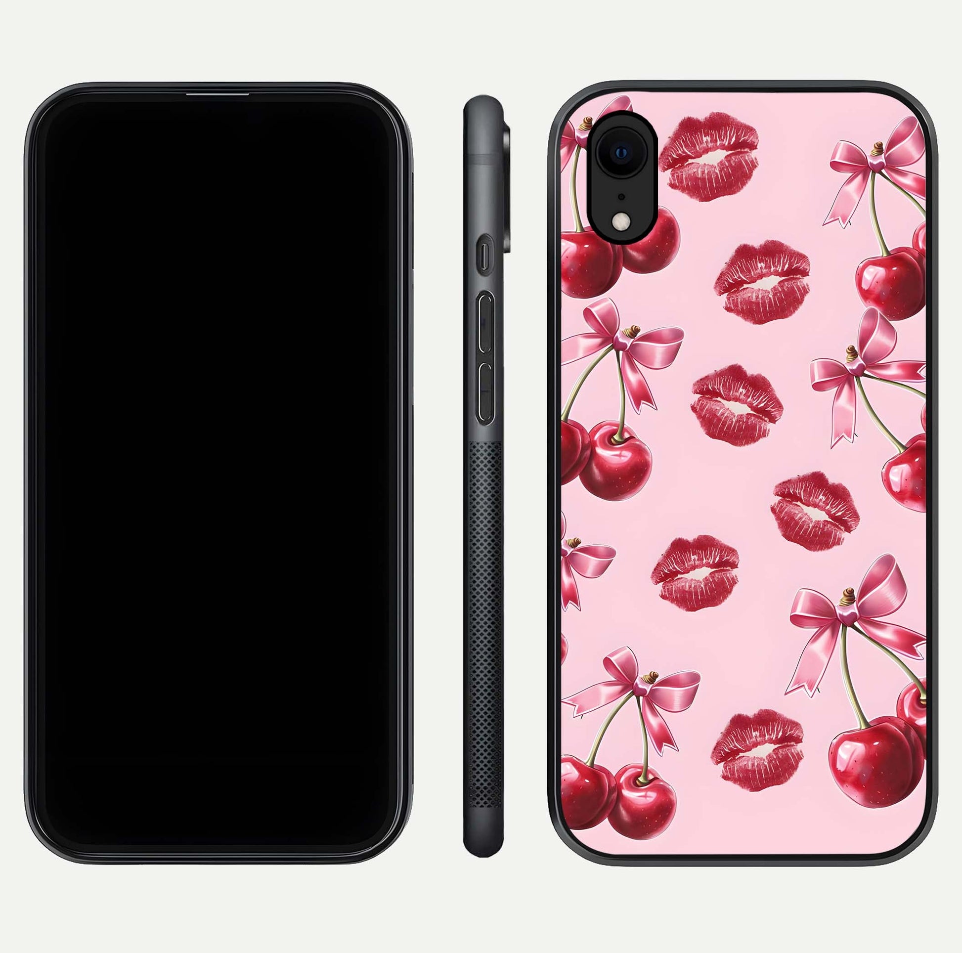 Cherry With Lips Glass Case for iPhone Xr front-and-back layout displaying detailed design and glass finish