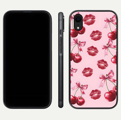 Cherry With Lips Glass Case for iPhone Xr front-and-back layout displaying detailed design and glass finish