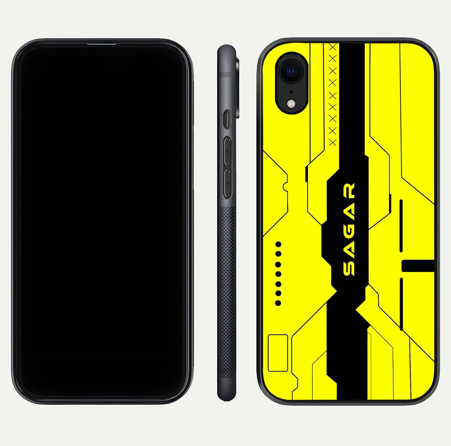 Circuit CYBERPUNK Custom Name Glass Case for iPhone Xr dual-view layout showing bold tech art and edge clarity