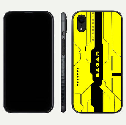 Circuit CYBERPUNK Custom Name Glass Case for iPhone Xr dual-view layout showing bold tech art and edge clarity