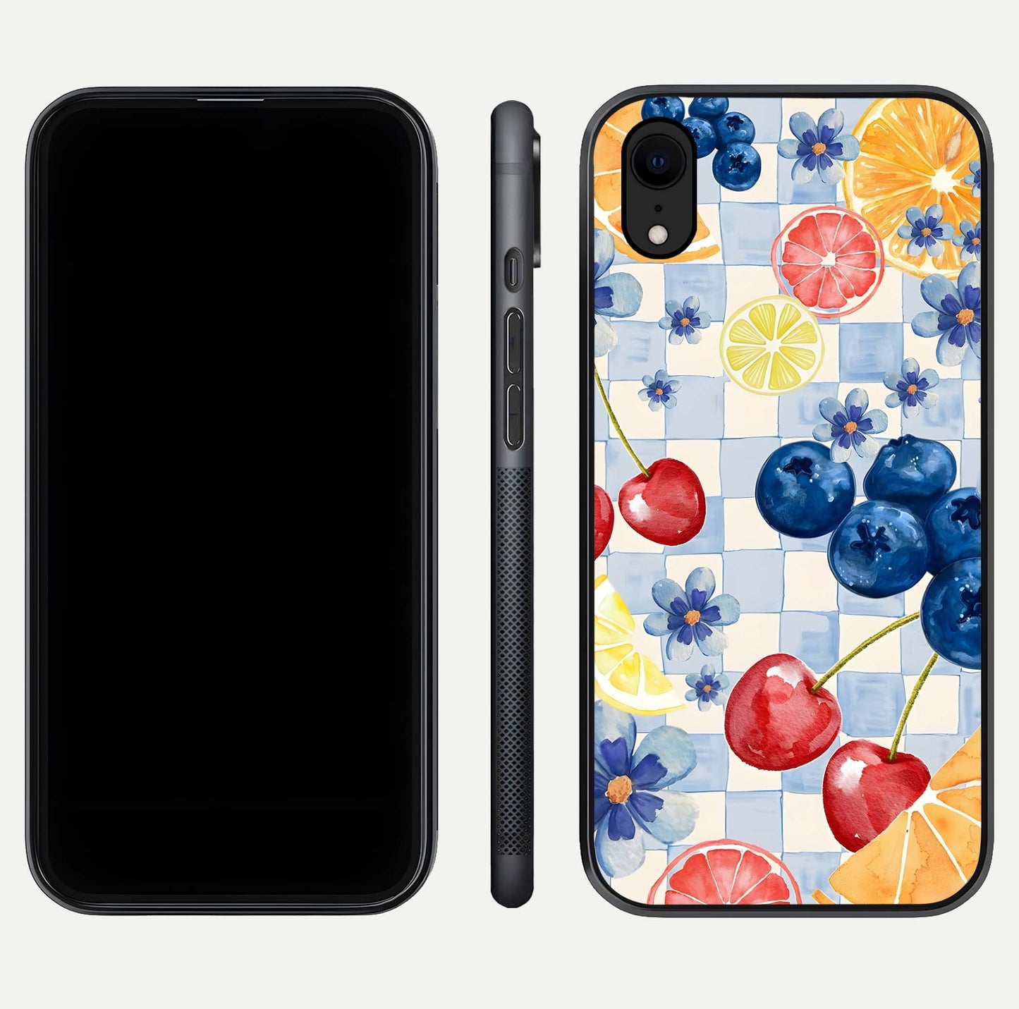 Citrus Bloom Joy Glass Case for iPhone Xr dual-view layout displaying colorful print and smooth edges