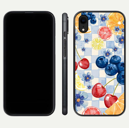 Citrus Bloom Joy Glass Case for iPhone Xr dual-view layout displaying colorful print and smooth edges