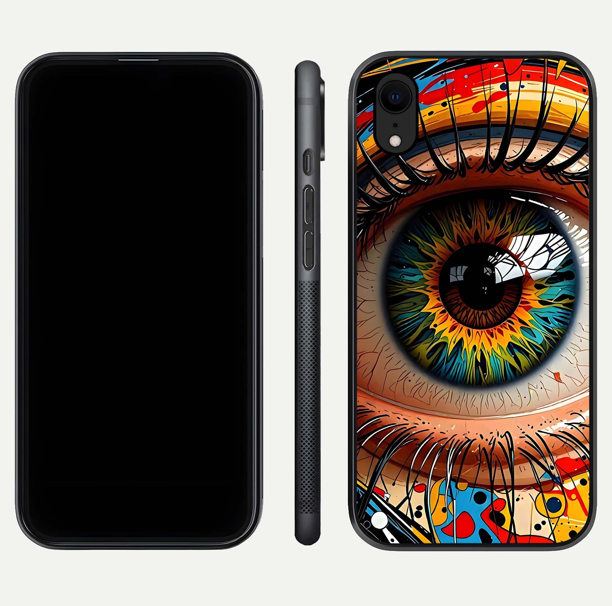 Colorful Eye Glass Case for iPhone Xr dual-view layout displaying vivid tones and smooth glass edges