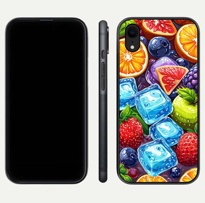 Colorful Fruits with Ice Glass Case for iPhone Xr dual-view layout showing fresh tones and polished edges