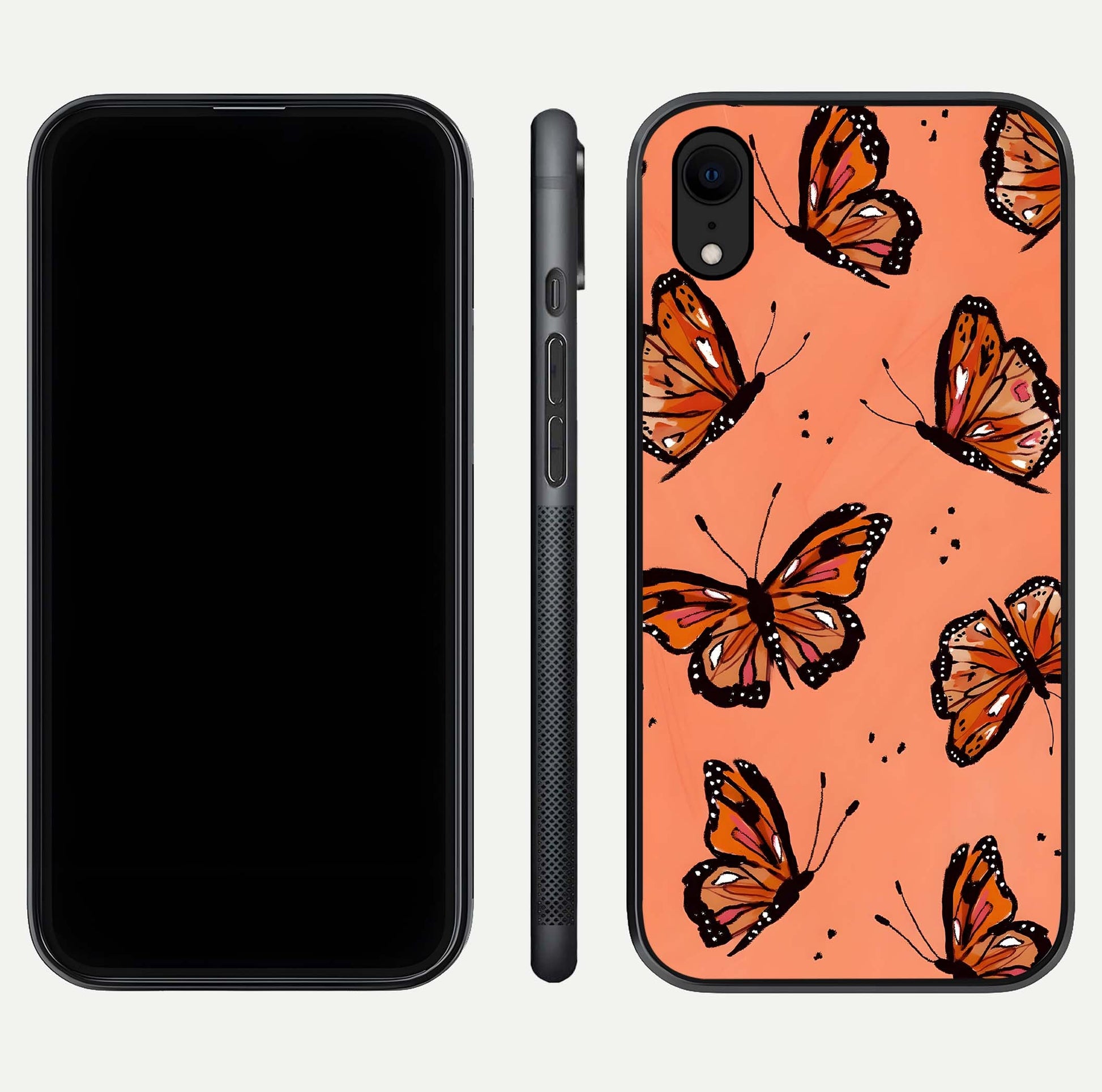 Coral Wing Butterfly Glass Case for iPhone Xr dual-view layout displaying soft floral tones and curved edges