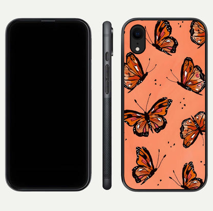 Coral Wing Butterfly Glass Case for iPhone Xr dual-view layout displaying soft floral tones and curved edges