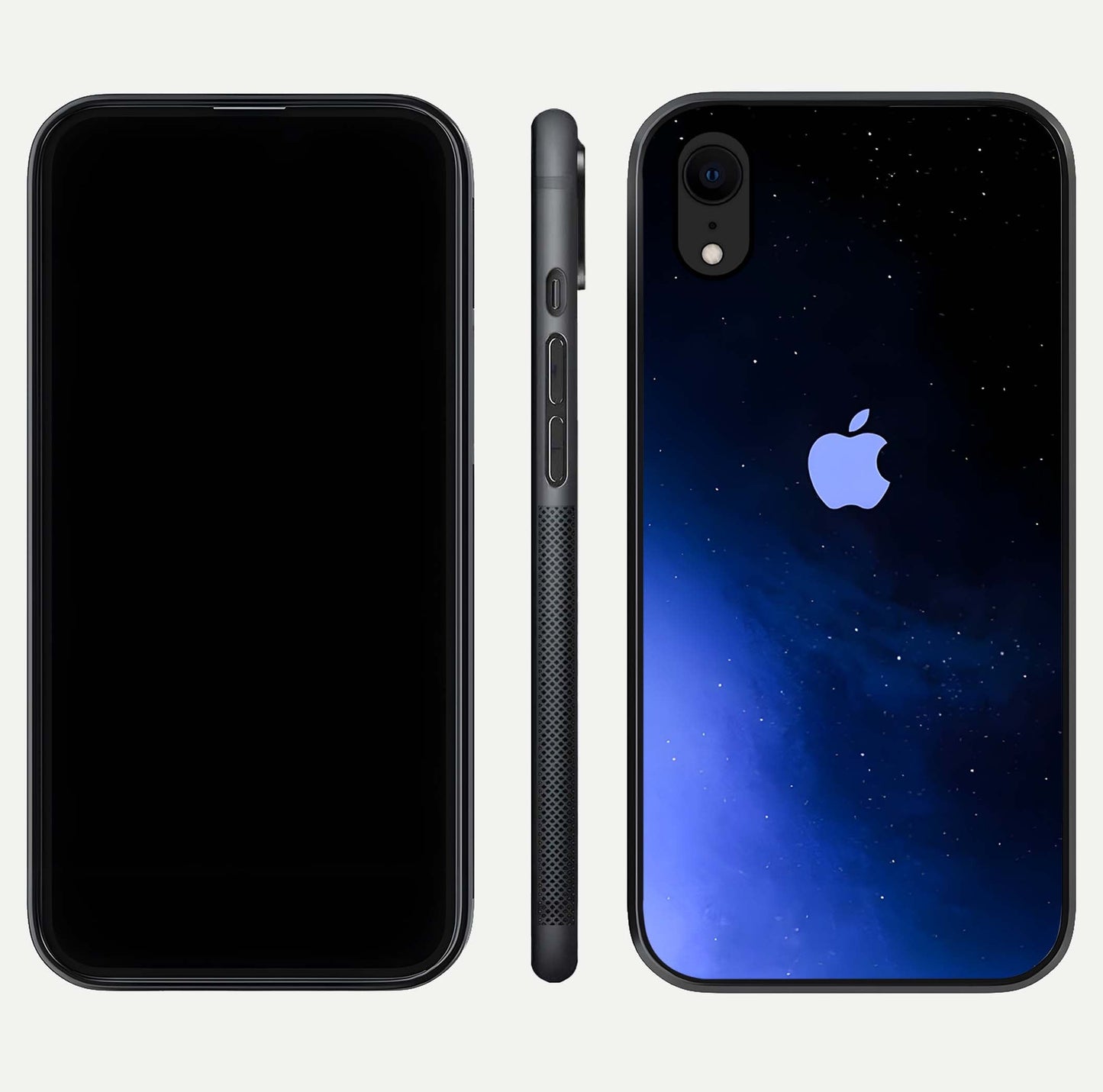Cosmic Blue Apple Glass Case for iPhone Xr dual-view layout displaying cosmic tones and glass edges