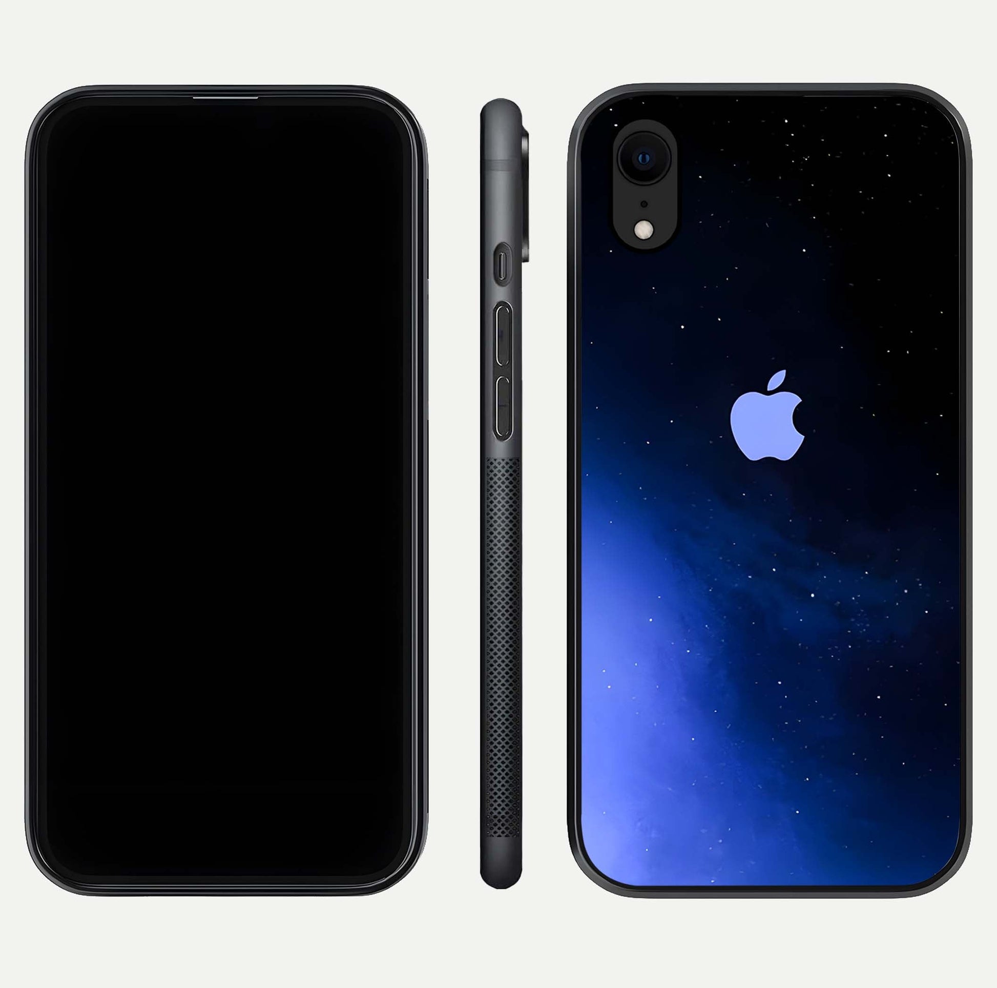 Cosmic Blue Apple Glass Case for iPhone Xr dual-view layout displaying cosmic tones and glass edges