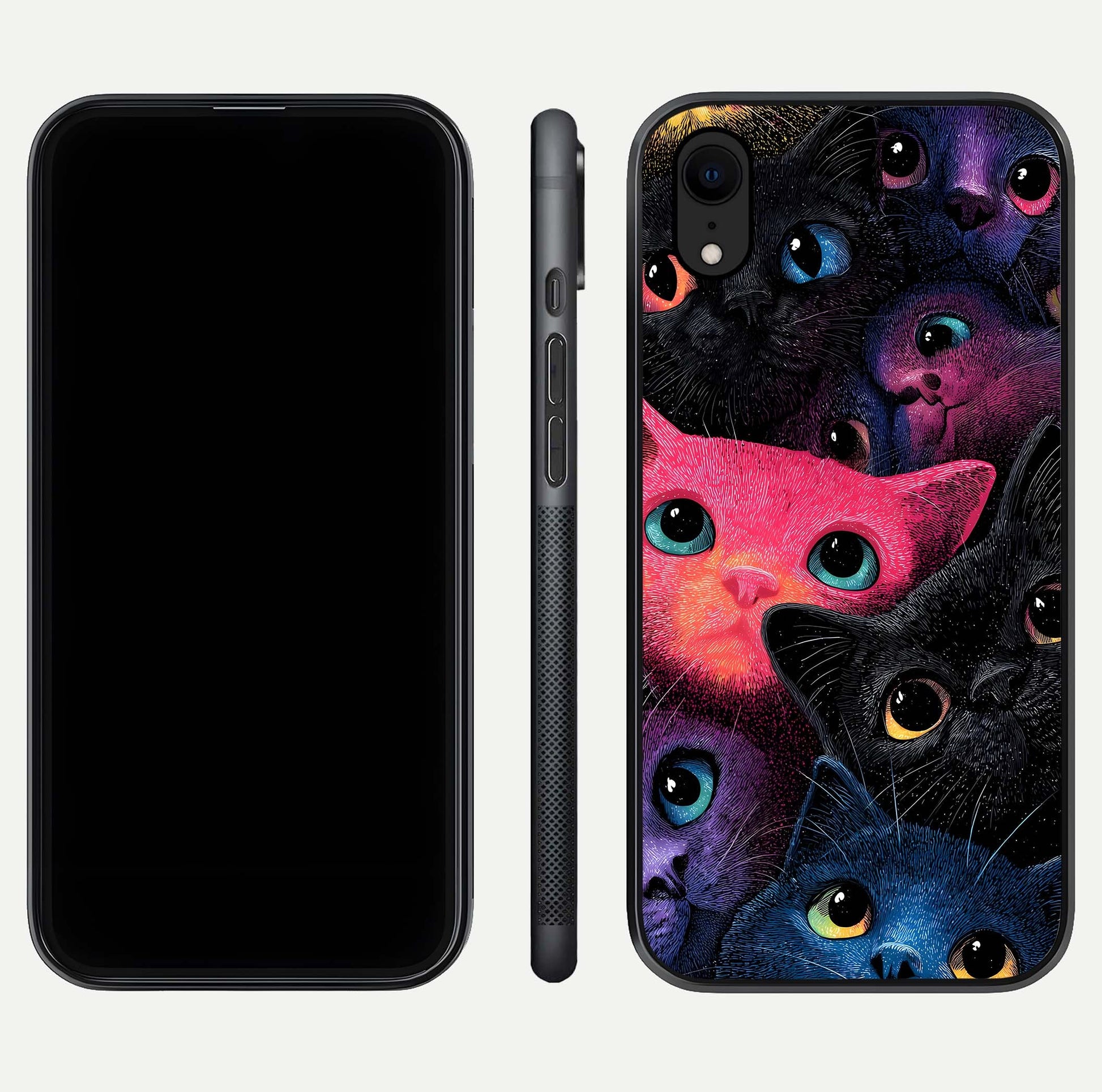 Cosmic Cats Dreams Glass Case for iPhone Xr dual-view layout displaying HD print and glossy shine