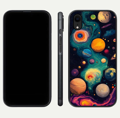 Cosmic Planet Journey Glass Case for iPhone Xr dual-view layout displaying colorful cosmic balance