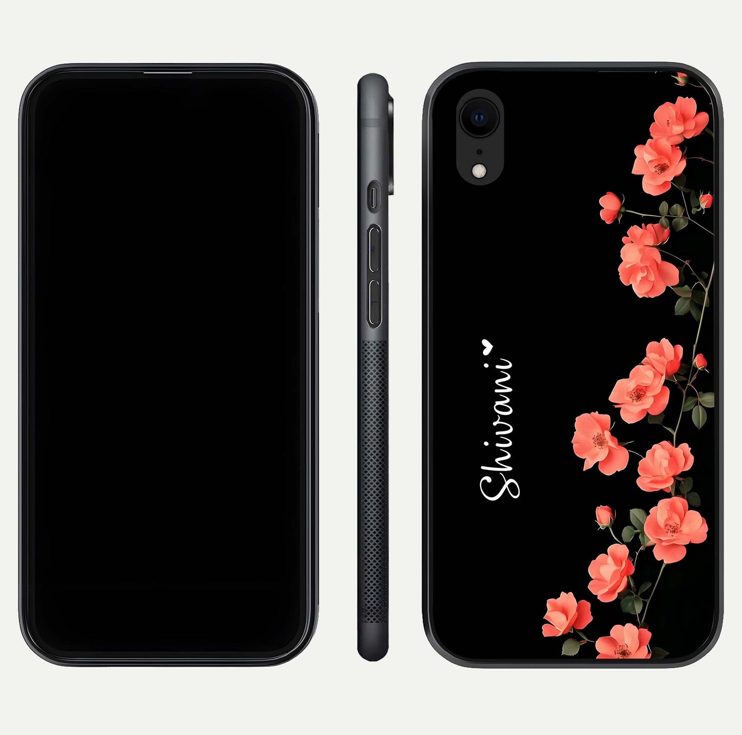 Crimson Bloom Grace Custom Name Glass Case for iPhone Xr dual-view layout displaying custom text and smooth curved edges
