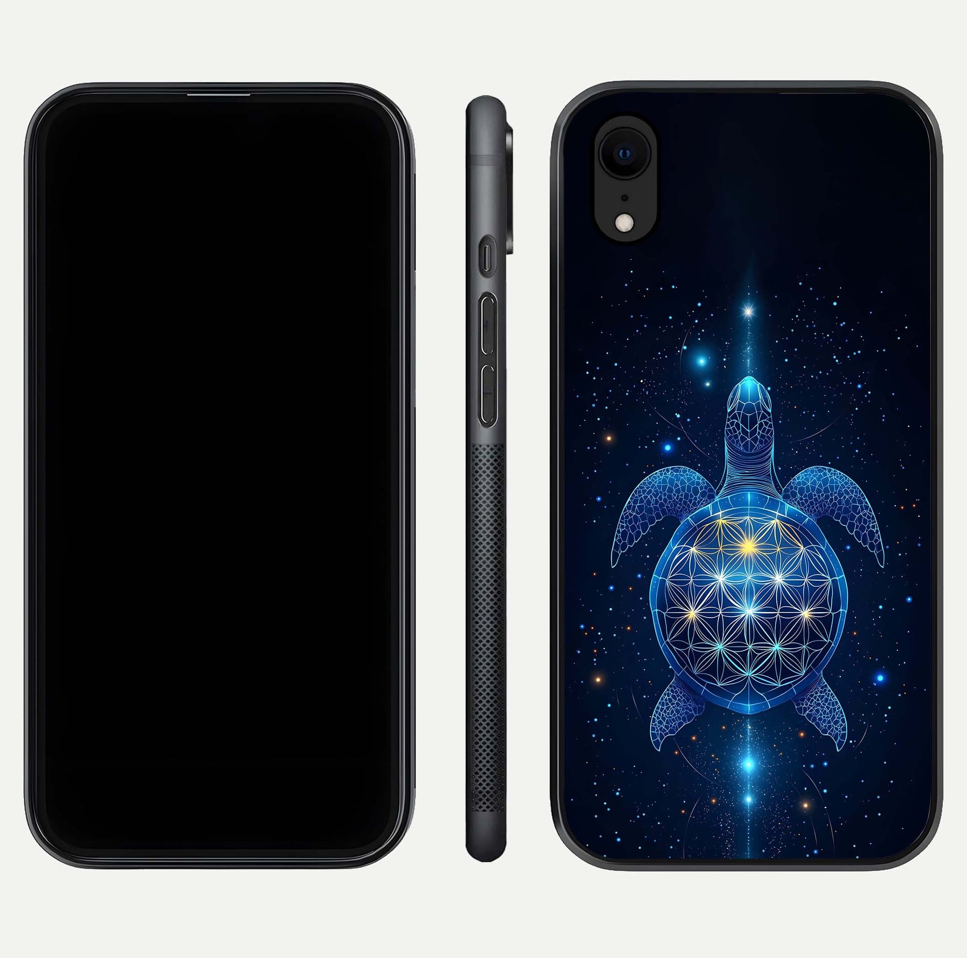 Crimson Blue Turtle Glass Case for iPhone Xr dual-view layout displaying ocean tones and HD finish