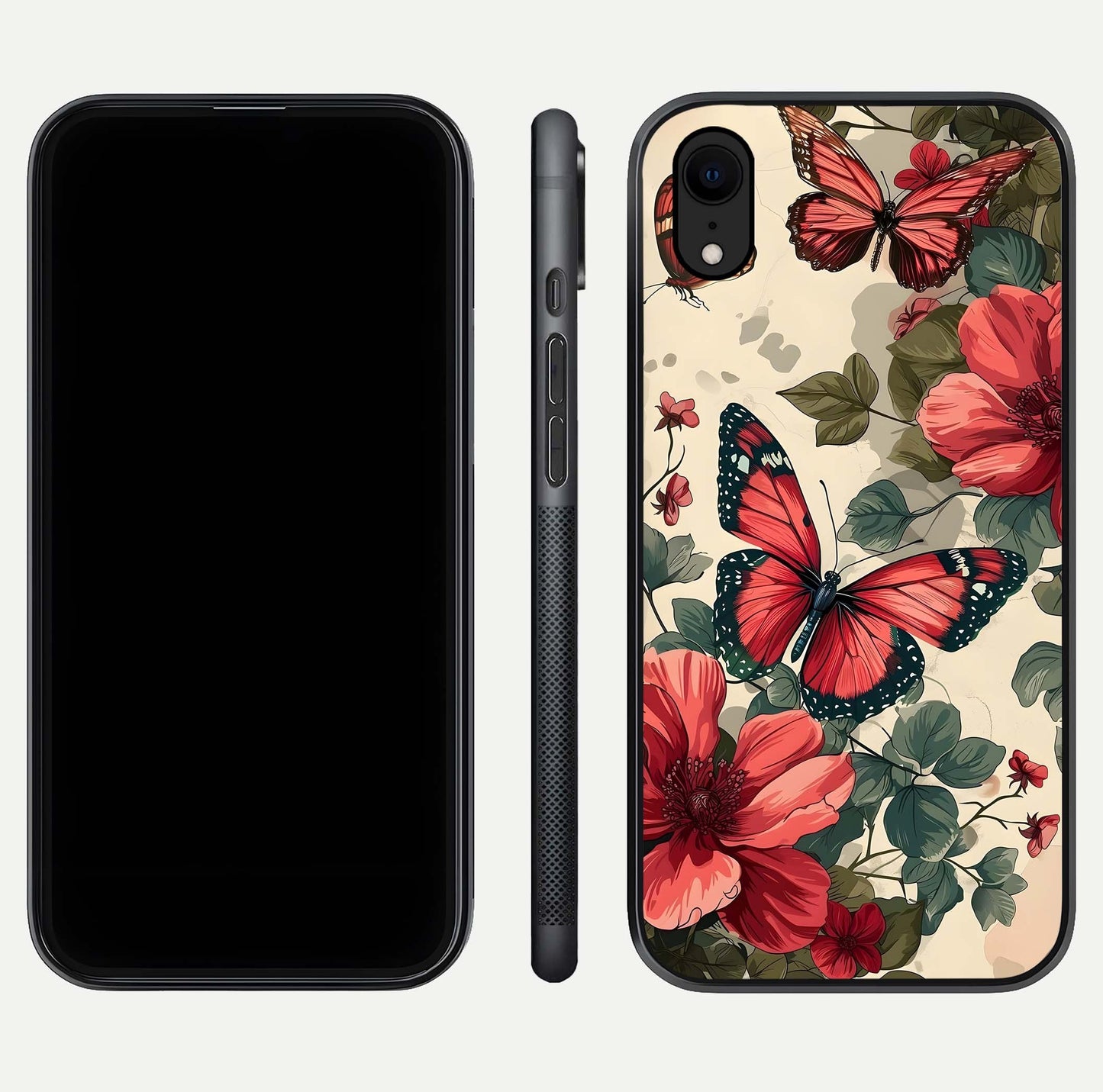 Crimson Butterfly Garden Glass Case for iPhone Xr dual-view layout displaying floral patterns and edge finish