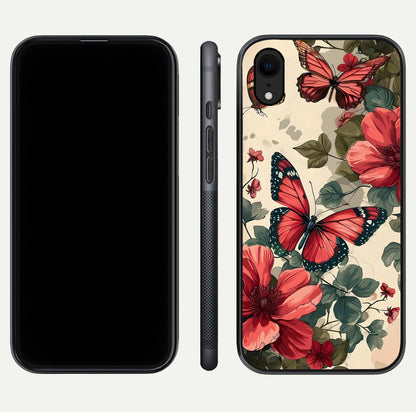 Crimson Butterfly Garden Glass Case for iPhone Xr dual-view layout displaying floral patterns and edge finish