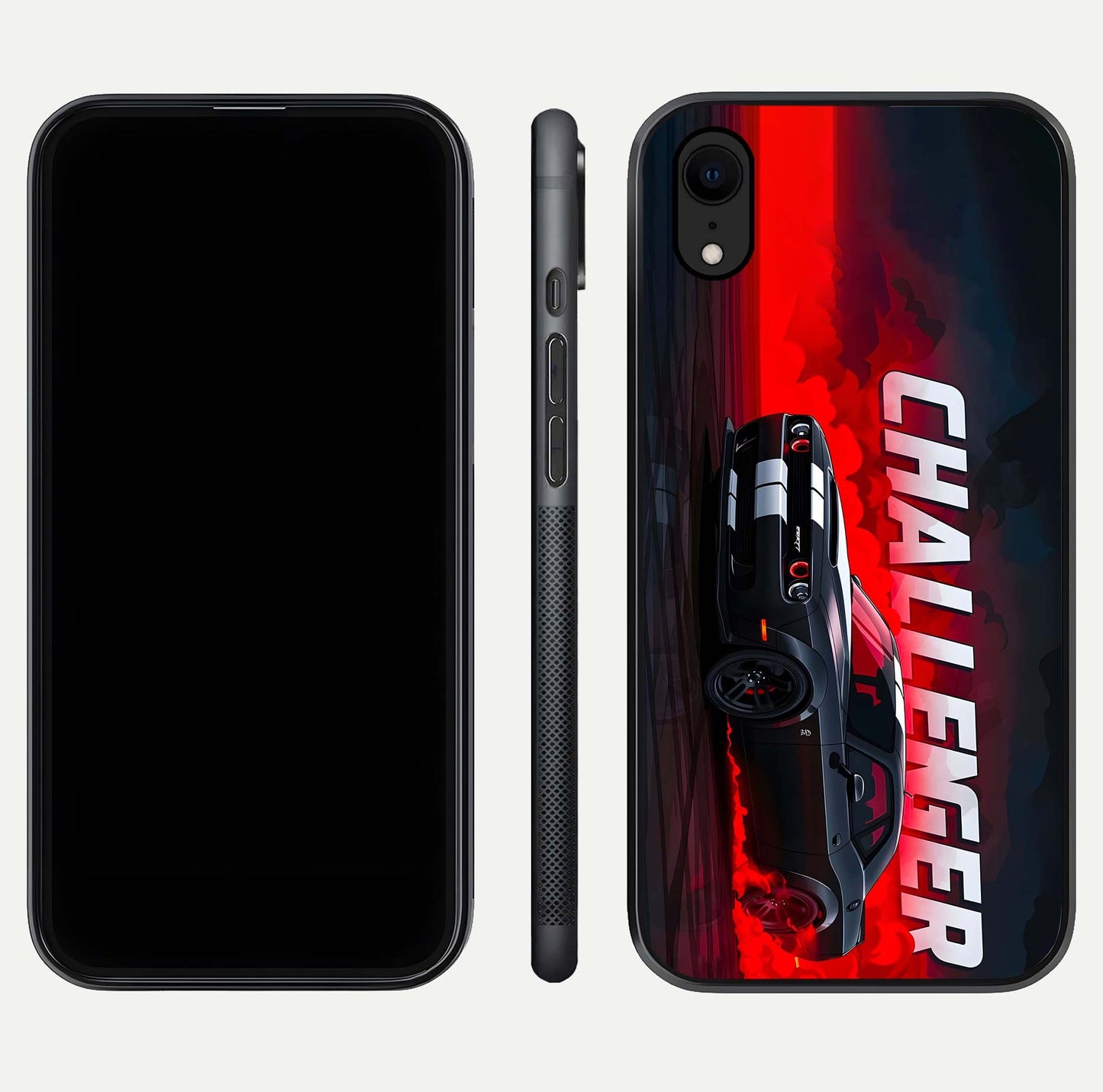 Crimson Challenger Fury Glass Case for iPhone Xr dual-view layout displaying bold tones and edge polish