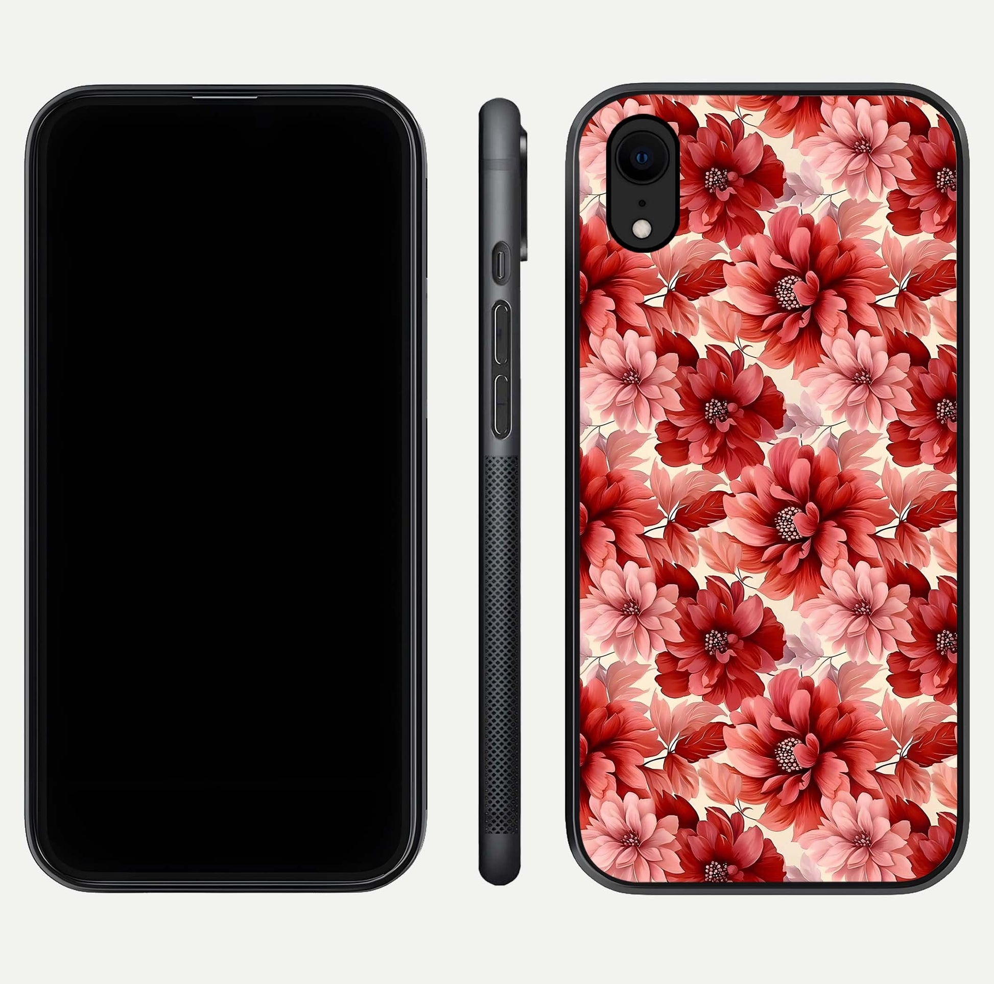Crimson Love Petals Glass Case for iPhone Xr dual-view layout displaying floral charm and curved glass