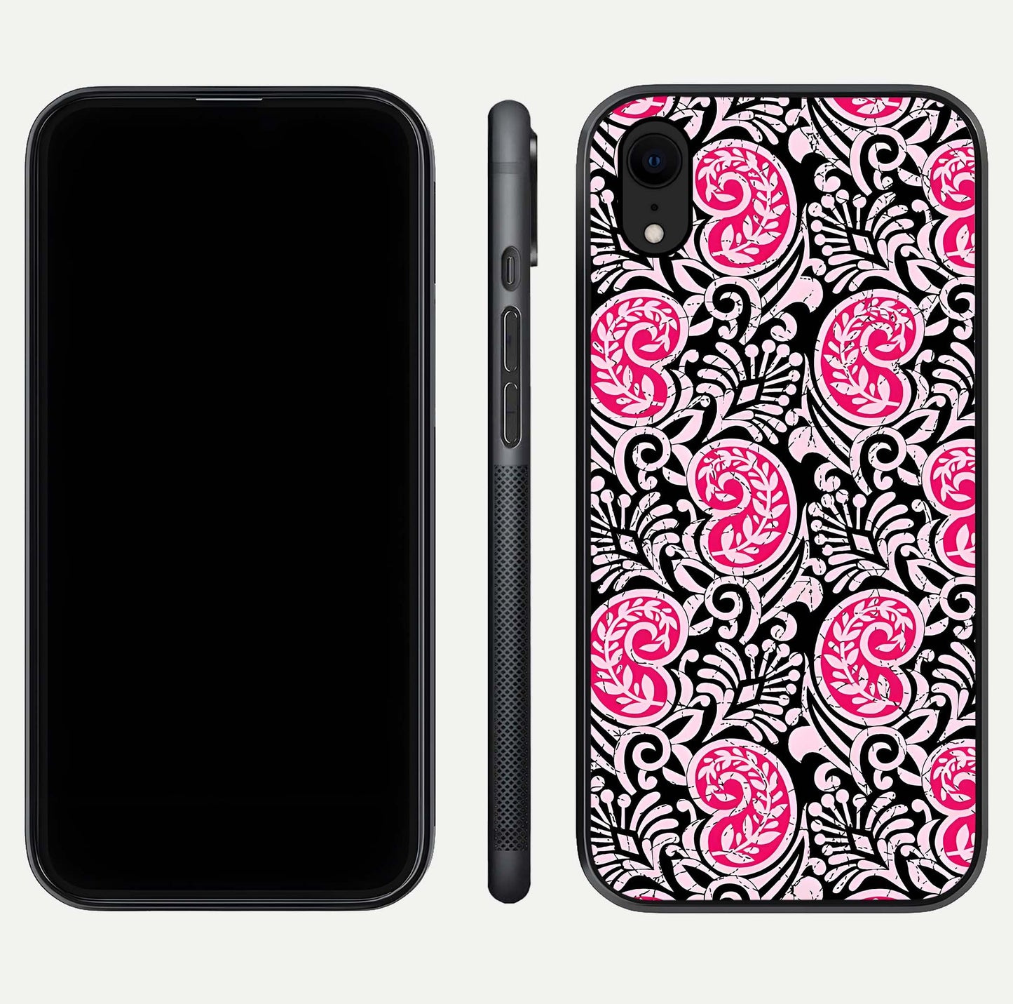 Crimson Paisley Charm Glass Case for iPhone Xr dual-view layout displaying HD print and curved polish