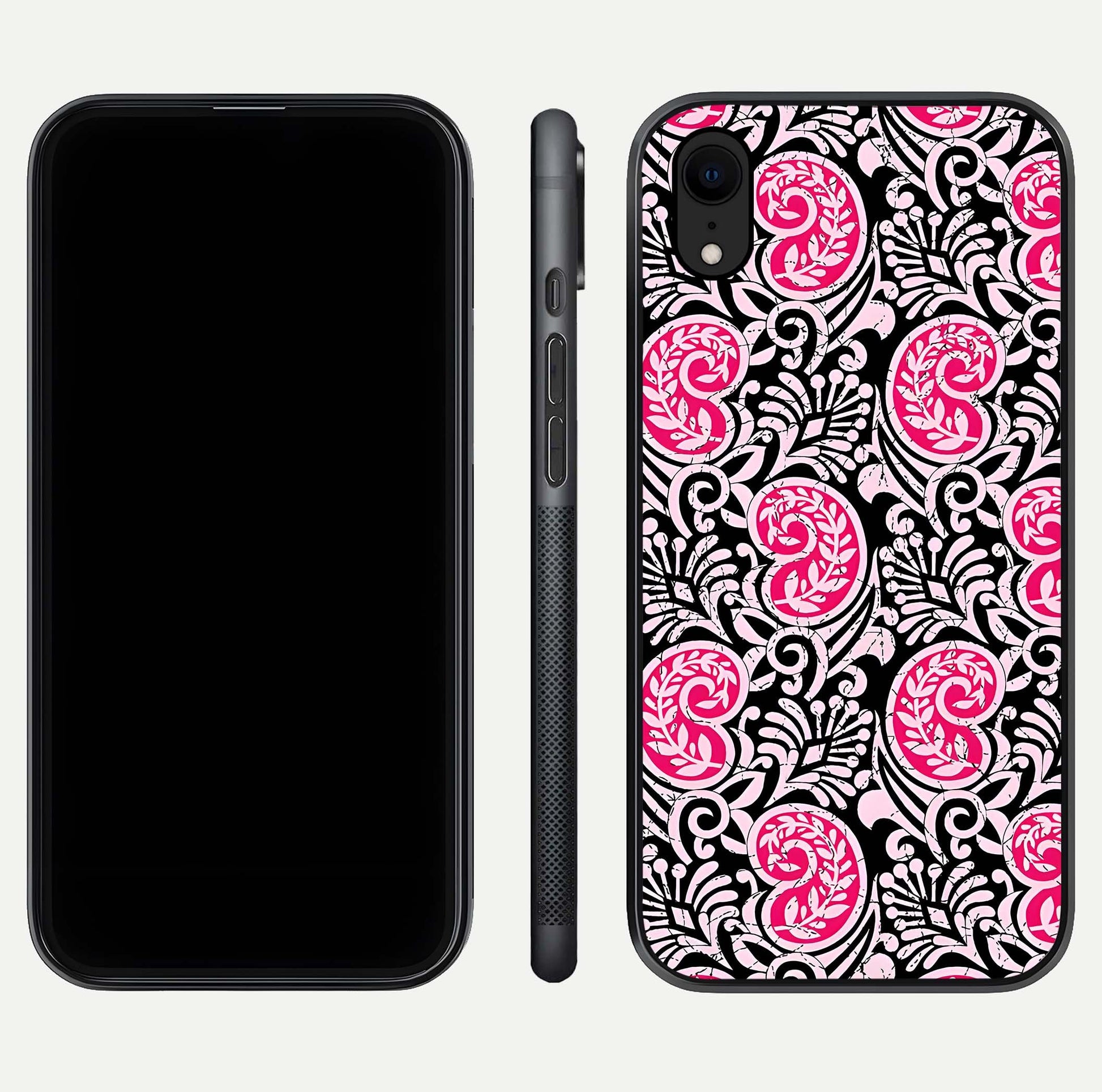 Crimson Paisley Charm Glass Case for iPhone Xr dual-view layout displaying HD print and curved polish