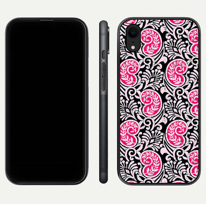 Crimson Paisley Charm Glass Case for iPhone Xr dual-view layout displaying HD print and curved polish