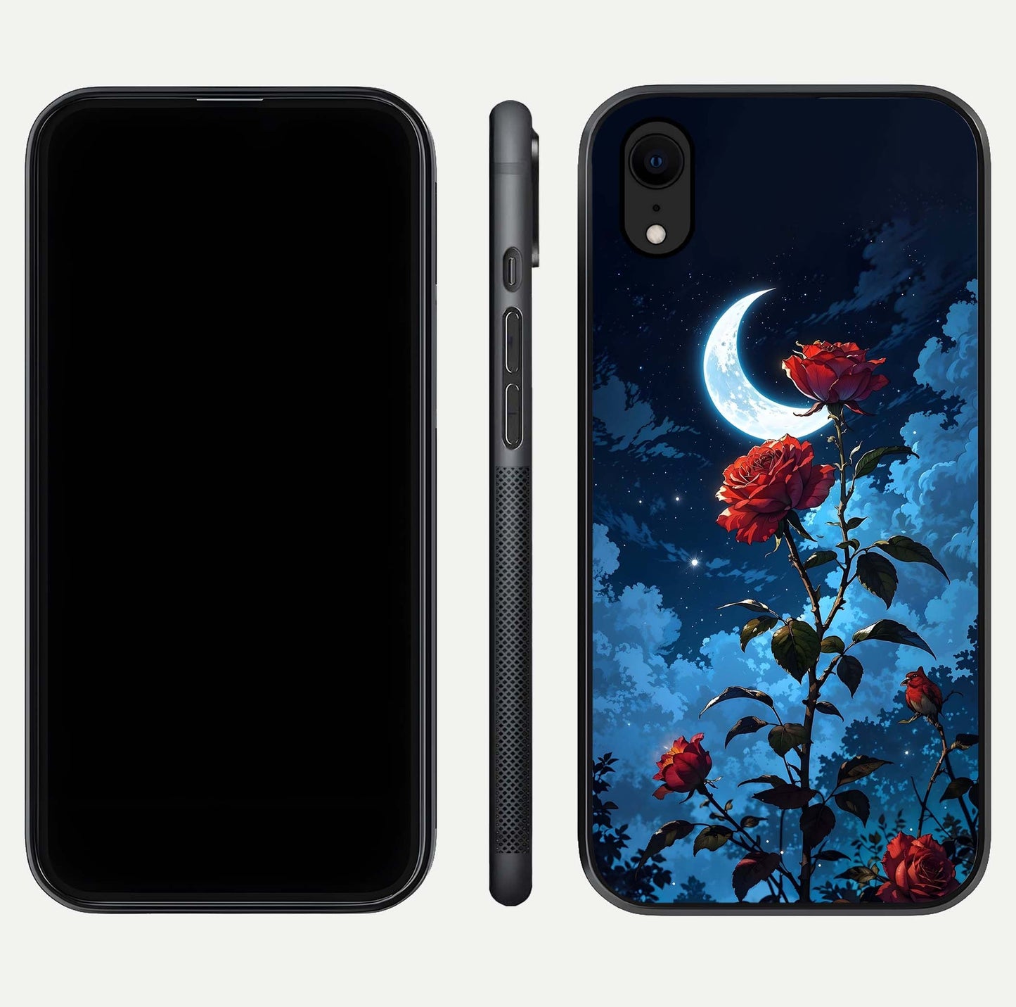 Crimson Rose Moon Glass Case for iPhone Xr dual-view layout displaying red tones and soft gloss