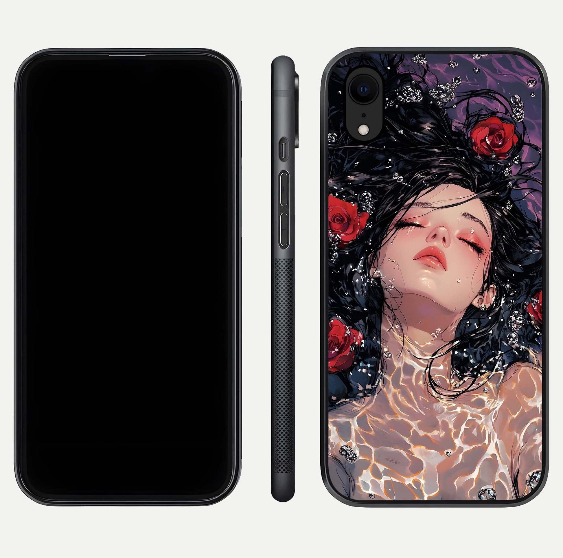 Crimson Rose Serenity Glass Case for iPhone Xr dual-view layout displaying serenity tones and curved glass