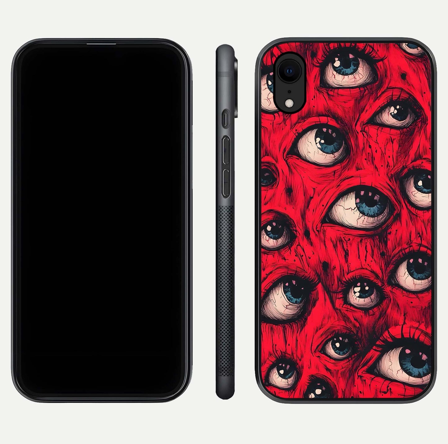 Crimson Watch Eyes Glass Case for iPhone Xr dual-view layout displaying abstract tones and curved edges
