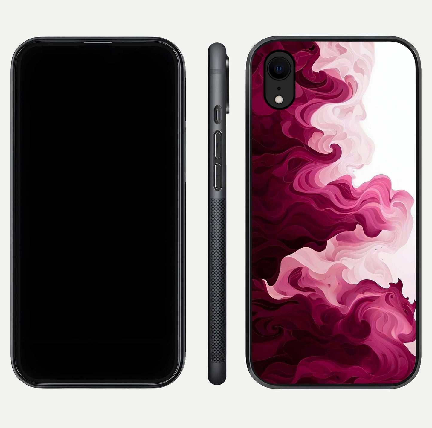 Crimson Wave Flow Glass Case for iPhone Xr dual-view layout displaying curved wave art and polished surface