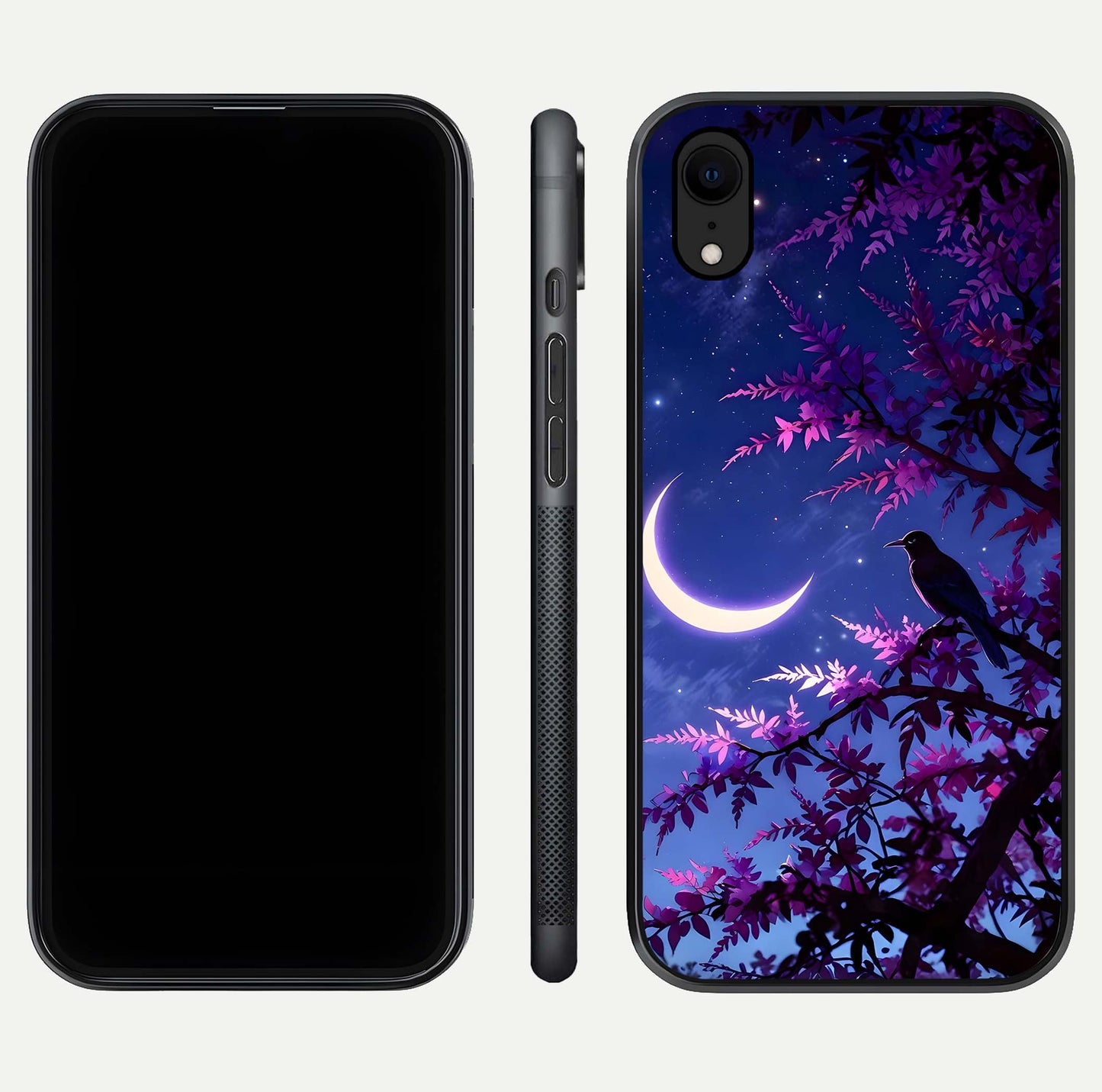 Crow & Moon Scenery Glass Case for iPhone Xr dual-view layout displaying night sky art and curved glass edges
