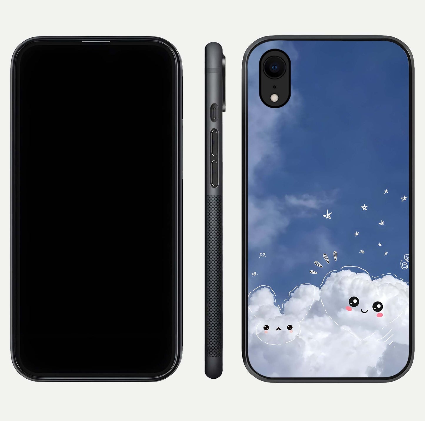 Cute Blossom Cloud Glass Case for iPhone Xr dual-view layout displaying cute floral clouds and polished edge