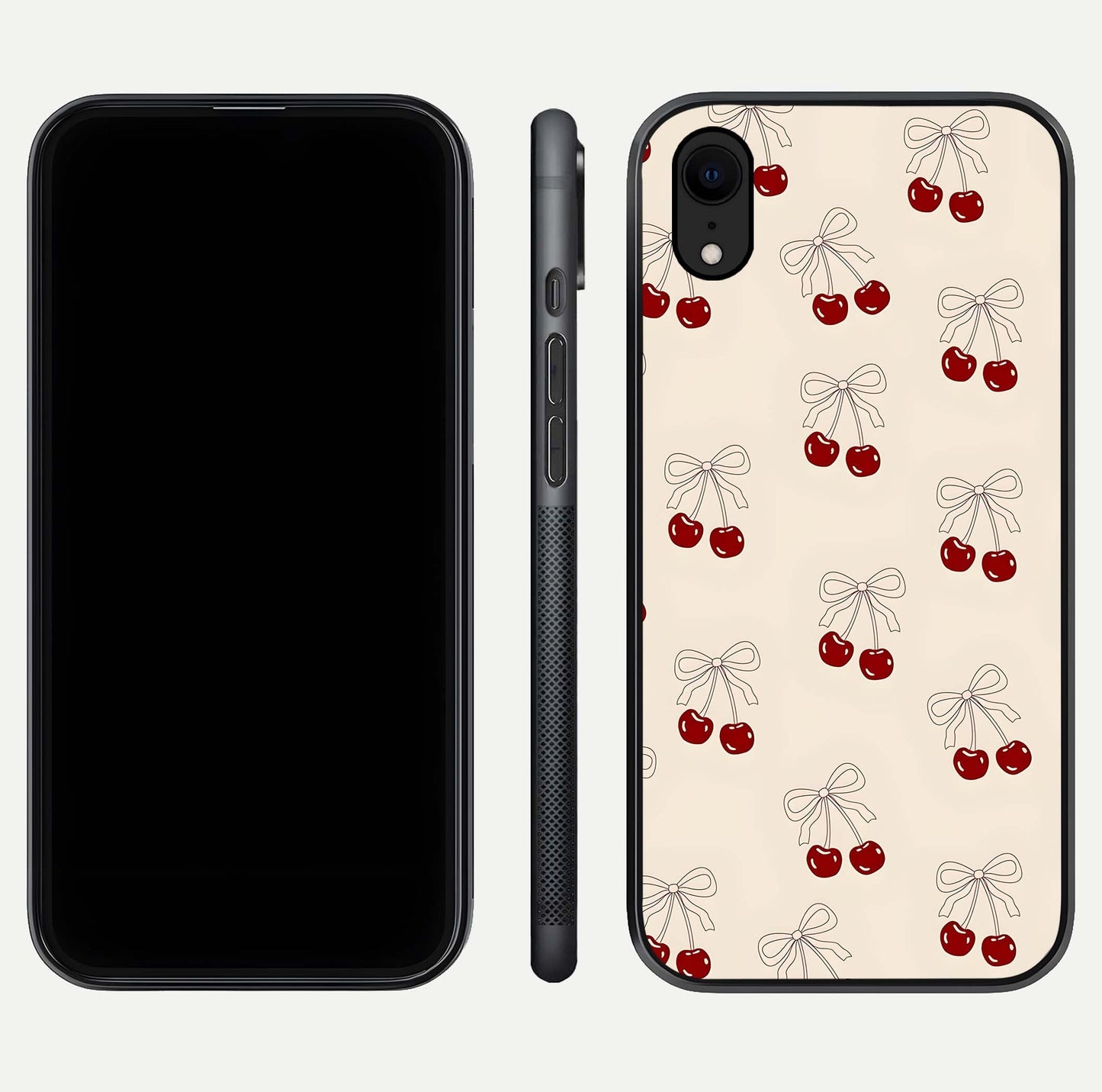 Cute Cherry Pattern Glass Case for iPhone Xr dual-view layout displaying aesthetic fruit print and smooth edges