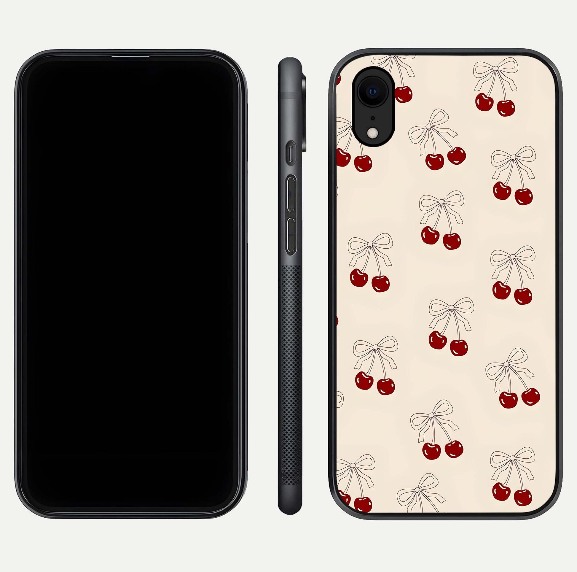 Cute Cherry Pattern Glass Case for iPhone Xr dual-view layout displaying aesthetic fruit print and smooth edges